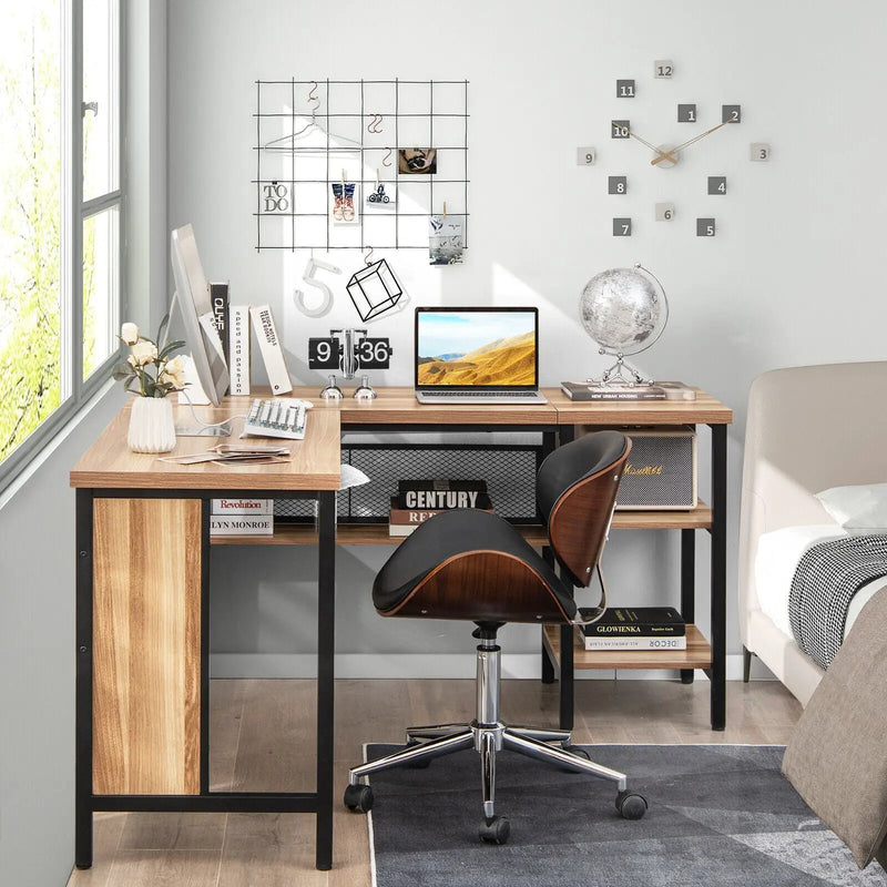 Industrial L-Shaped Corner Computer Desk Office Workstation with Storage Shelves by DirectDeals