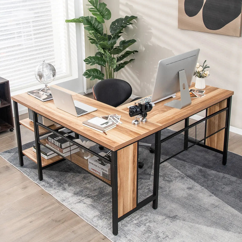 Industrial L-Shaped Corner Computer Desk Office Workstation with Storage Shelves by DirectDeals