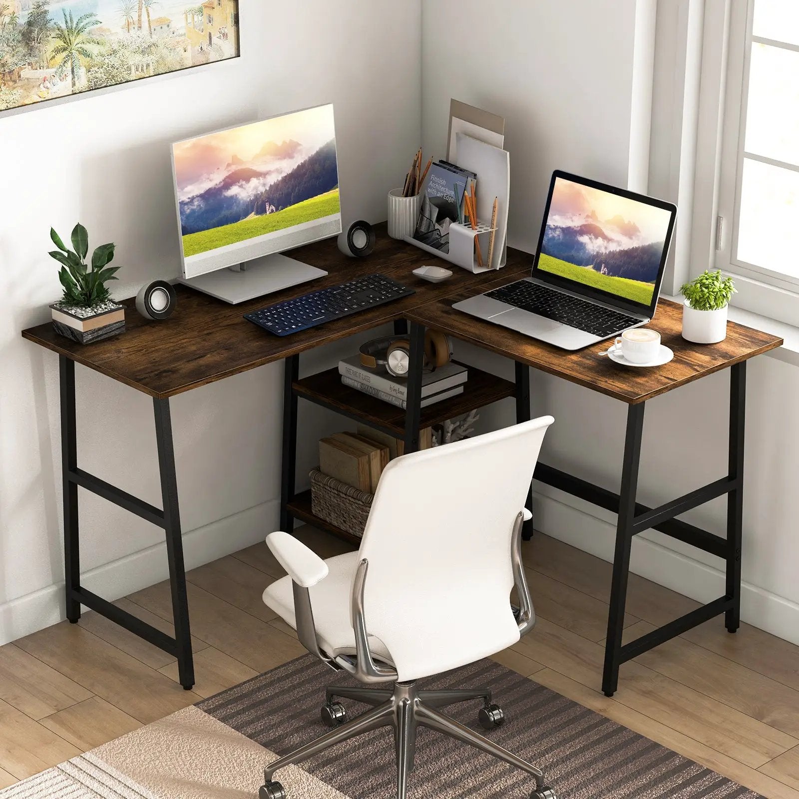 L Shaped Corner Computer Desk with Storage Shelves by DirectDeals
