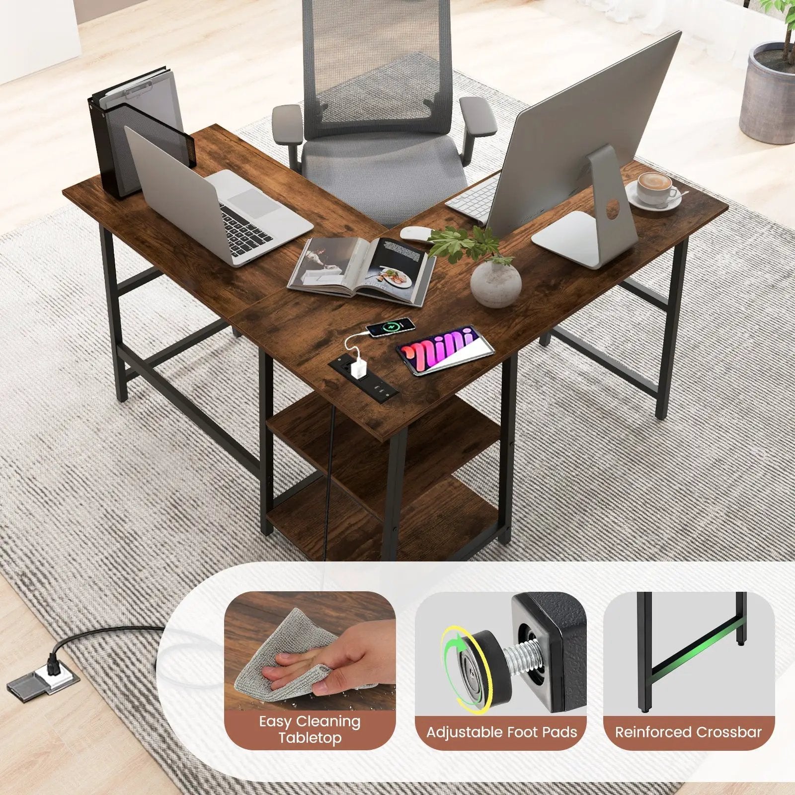 L Shaped Corner Computer Desk with Storage Shelves by DirectDeals