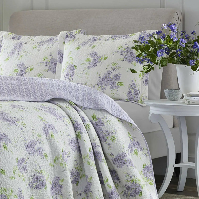 Full / Queen size 3-Piece Cotton Quilt Set with White Purple Floral Pattern by HomePacific