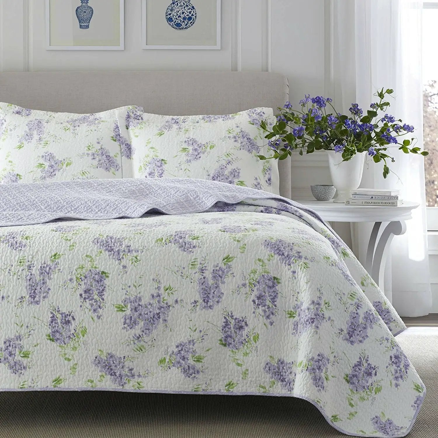 Full / Queen size 3-Piece Cotton Quilt Set with White Purple Floral Pattern by HomePacific