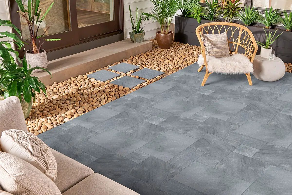 Cosmic Black Pavers Sandblasted Marble 12x24 in a finished room