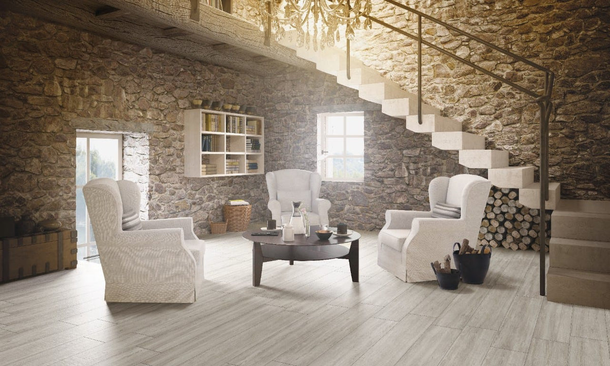 Caldera Grigia Matte Wood Look Porcelain Pool Copings 13x24 in a finished room