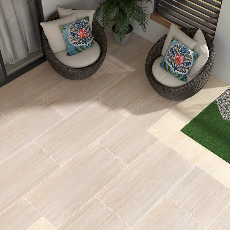 Cordova Avorio Matte Porcelain Pool Copings 13x24 in a finished room