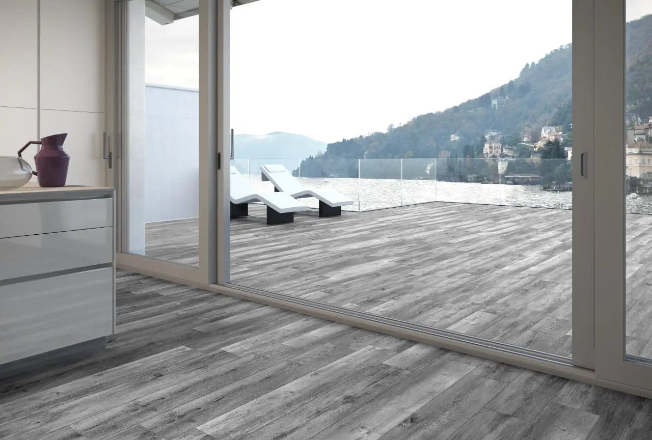 Katella Ash Matte Wood Look Porcelain Pool Copings 13x24 in a finished room