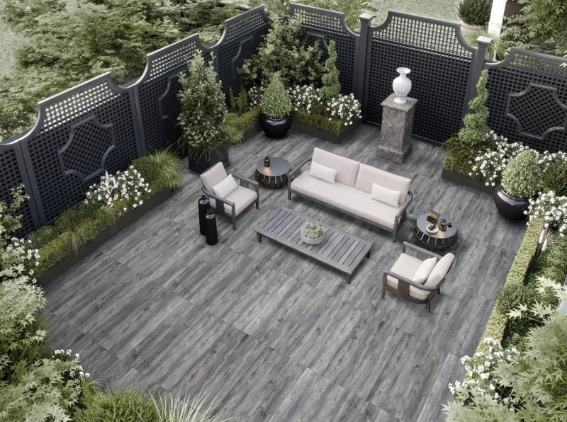 Katella Ash Matte Wood Look Porcelain Pool Copings 13x24 in a finished room