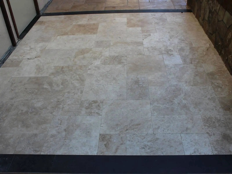 Tuscany Beige Tumbled Travertine Pavers 16x16 in a finished room