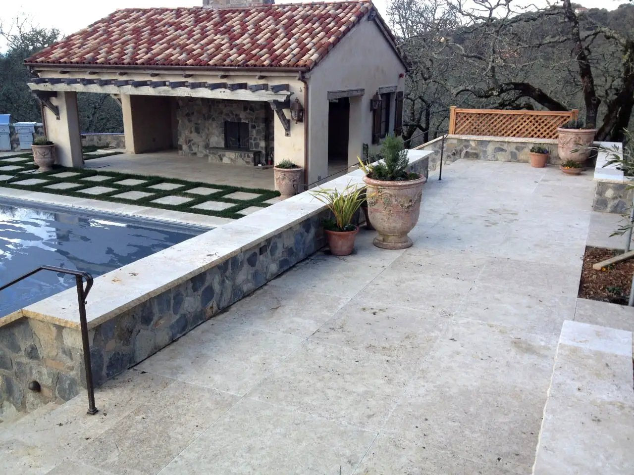 Tuscany Walnut Travertine Pool Copings 12x24 in a finished room