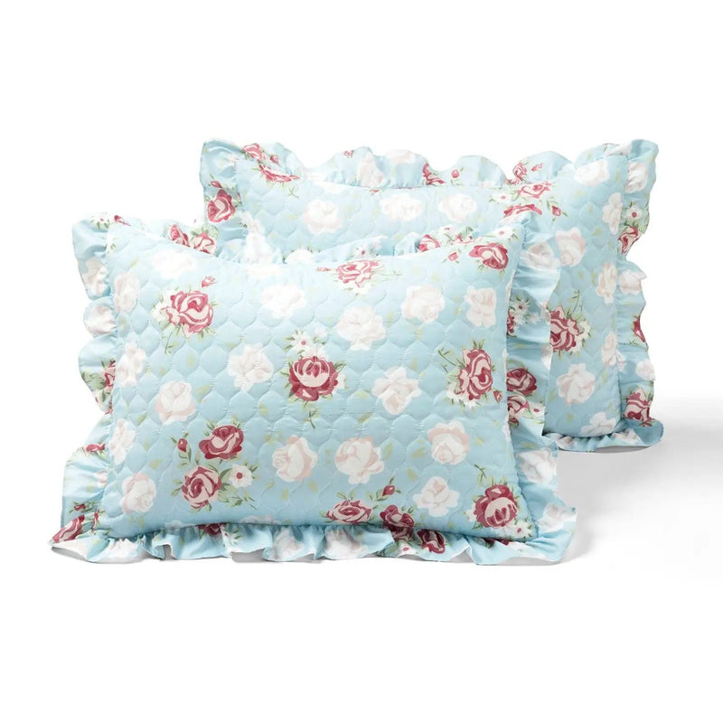 Full/Queen size Vintage Rose Ruffle Edge Light Quilt Set in Blue White and Pink by HomePacific