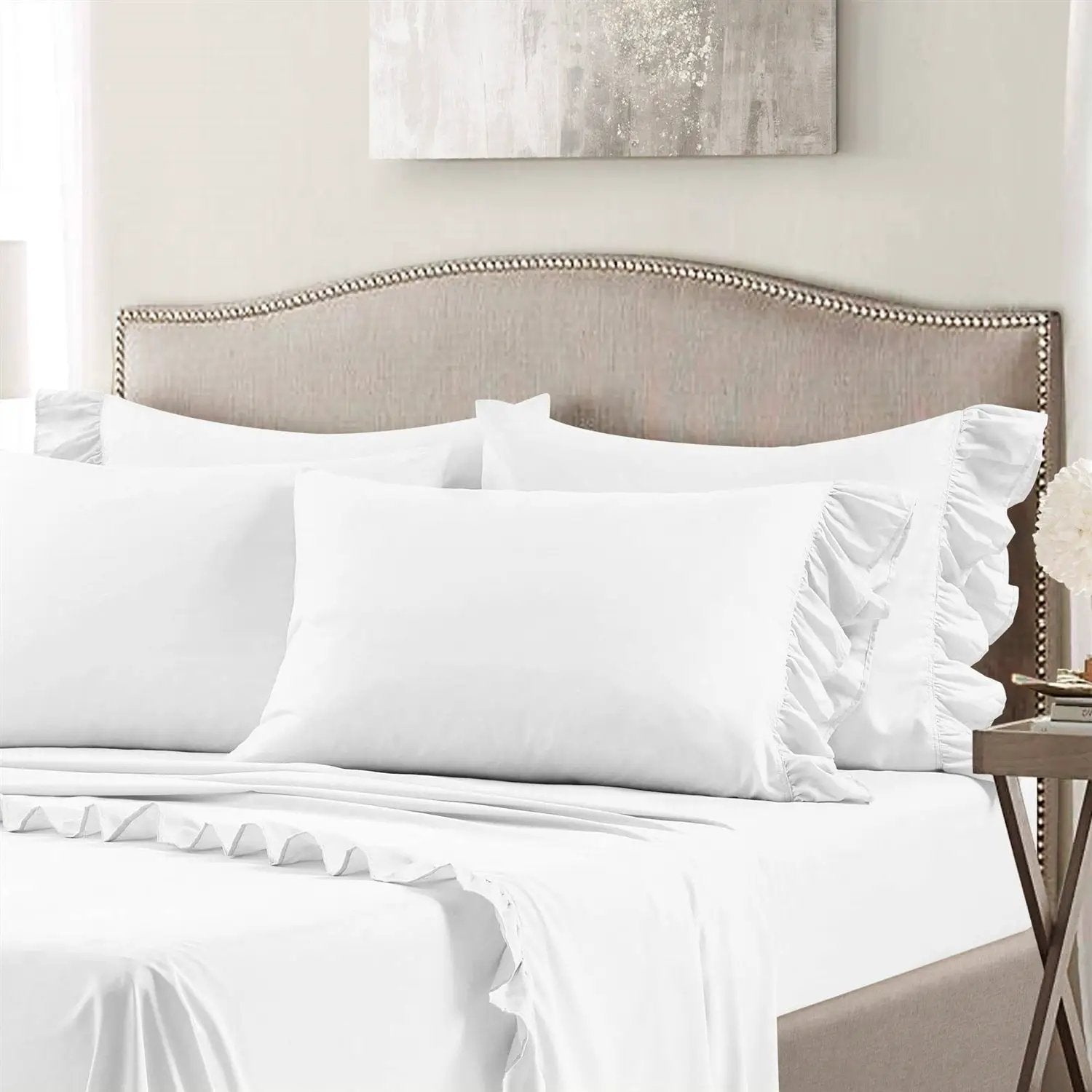 Kingn size 6-Piece White Microfiber Sheet Set with Ruffled Edges by HomePacific