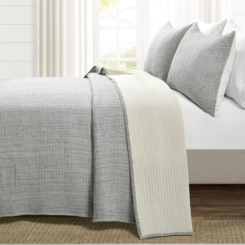 King Size 3-Piece Reversible Cotton Yarn Woven Coverlet Set in Grey Cream by HomePacific