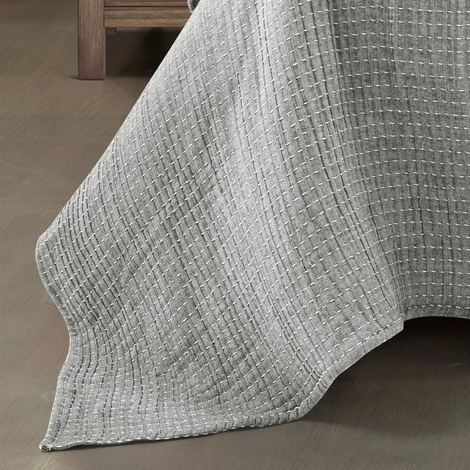 King Size 3-Piece Reversible Cotton Yarn Woven Coverlet Set in Grey Cream by HomePacific