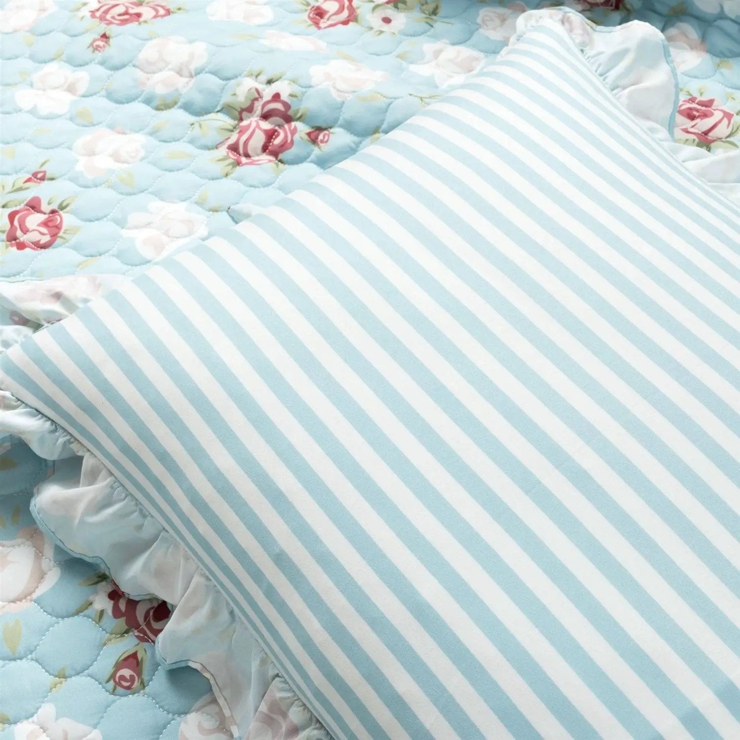 King size Vintage Rose Ruffle Edge Light Quilt Set in Blue White and Pink by HomePacific