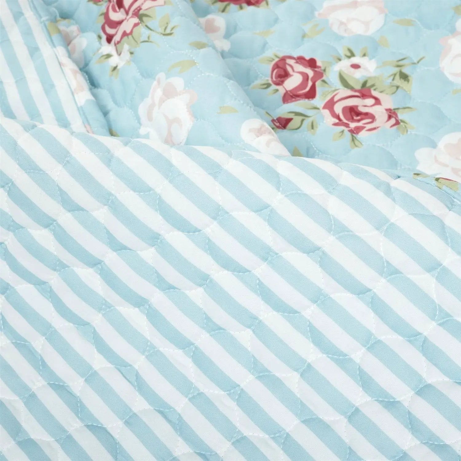 King size Vintage Rose Ruffle Edge Light Quilt Set in Blue White and Pink by HomePacific