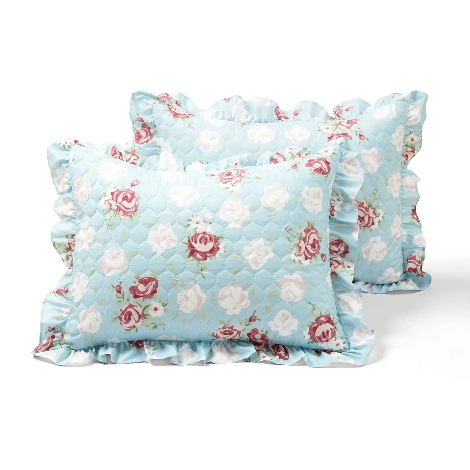 King size Vintage Rose Ruffle Edge Light Quilt Set in Blue White and Pink by HomePacific