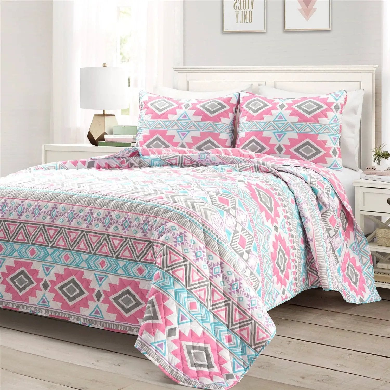Twin Southwest Indian Style Polyester Pink Blue Striped Reversible Quilt Set by HomePacific