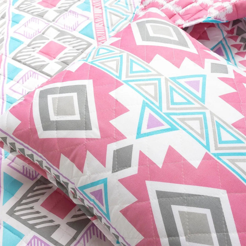 Twin Southwest Indian Style Polyester Pink Blue Striped Reversible Quilt Set by HomePacific