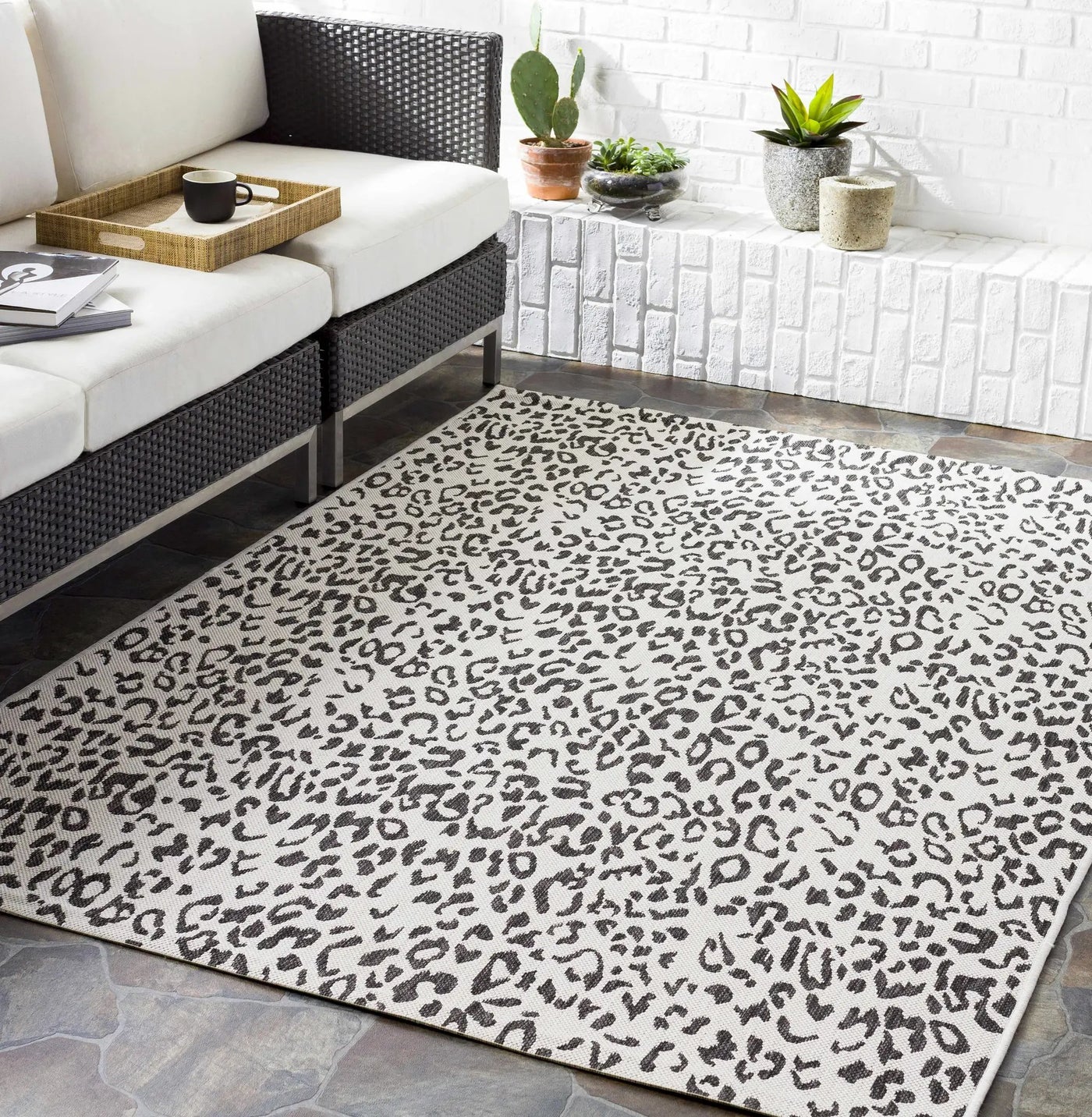 Alderbury White Leopard Print Outdoor Rug by Boutique Rugs