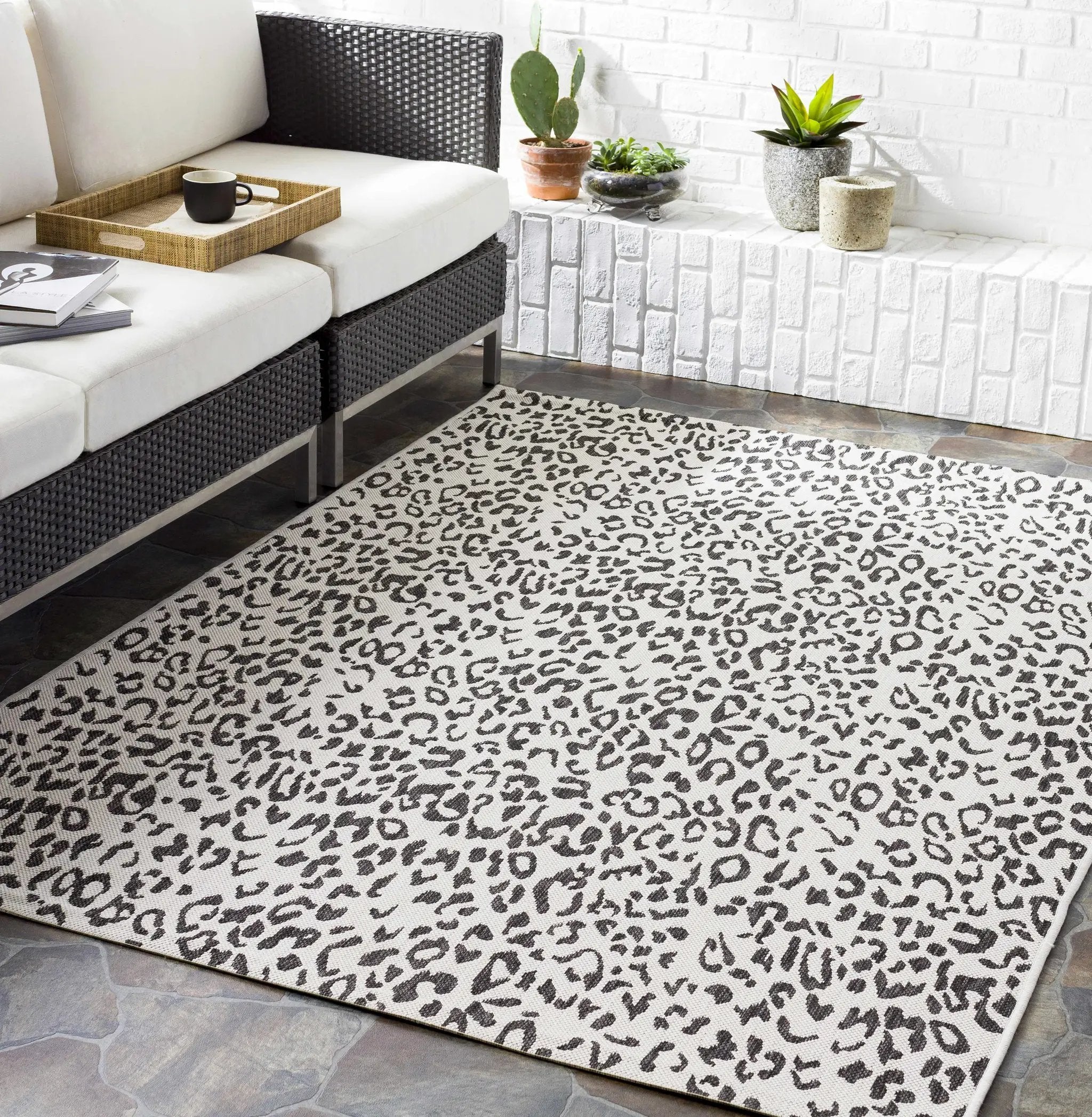 Alderbury White Leopard Print Outdoor Rug by Boutique Rugs