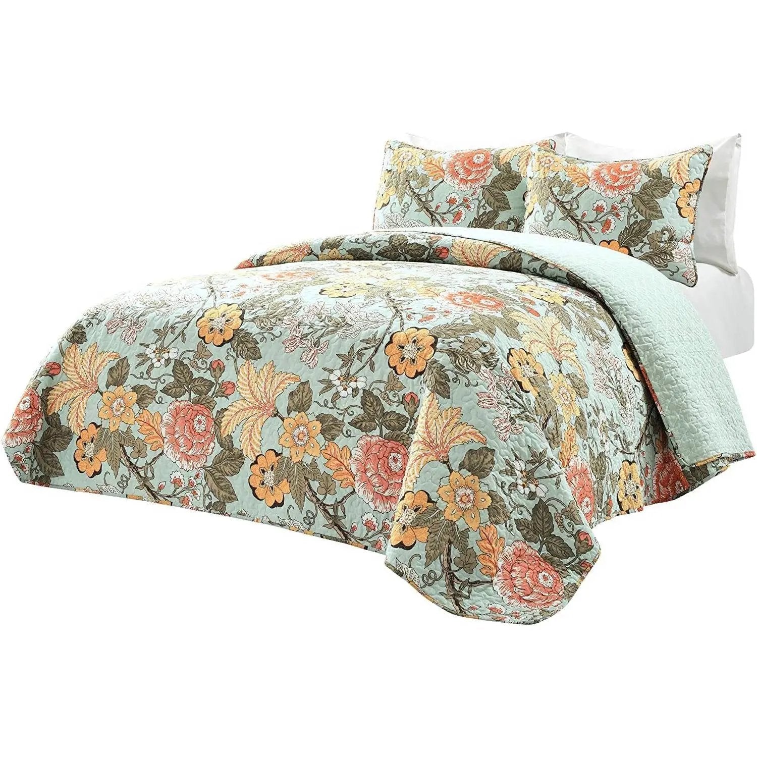 3 Piece FarmHouse Teal Floral Cotton Reversible Quilt Set, King by HomePacific