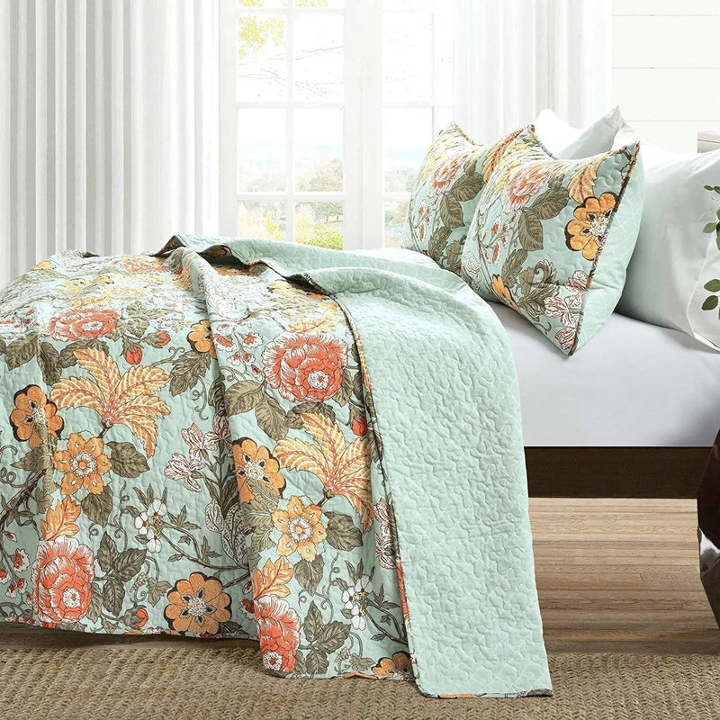 3 Piece FarmHouse Teal Floral Cotton Reversible Quilt Set, King by HomePacific