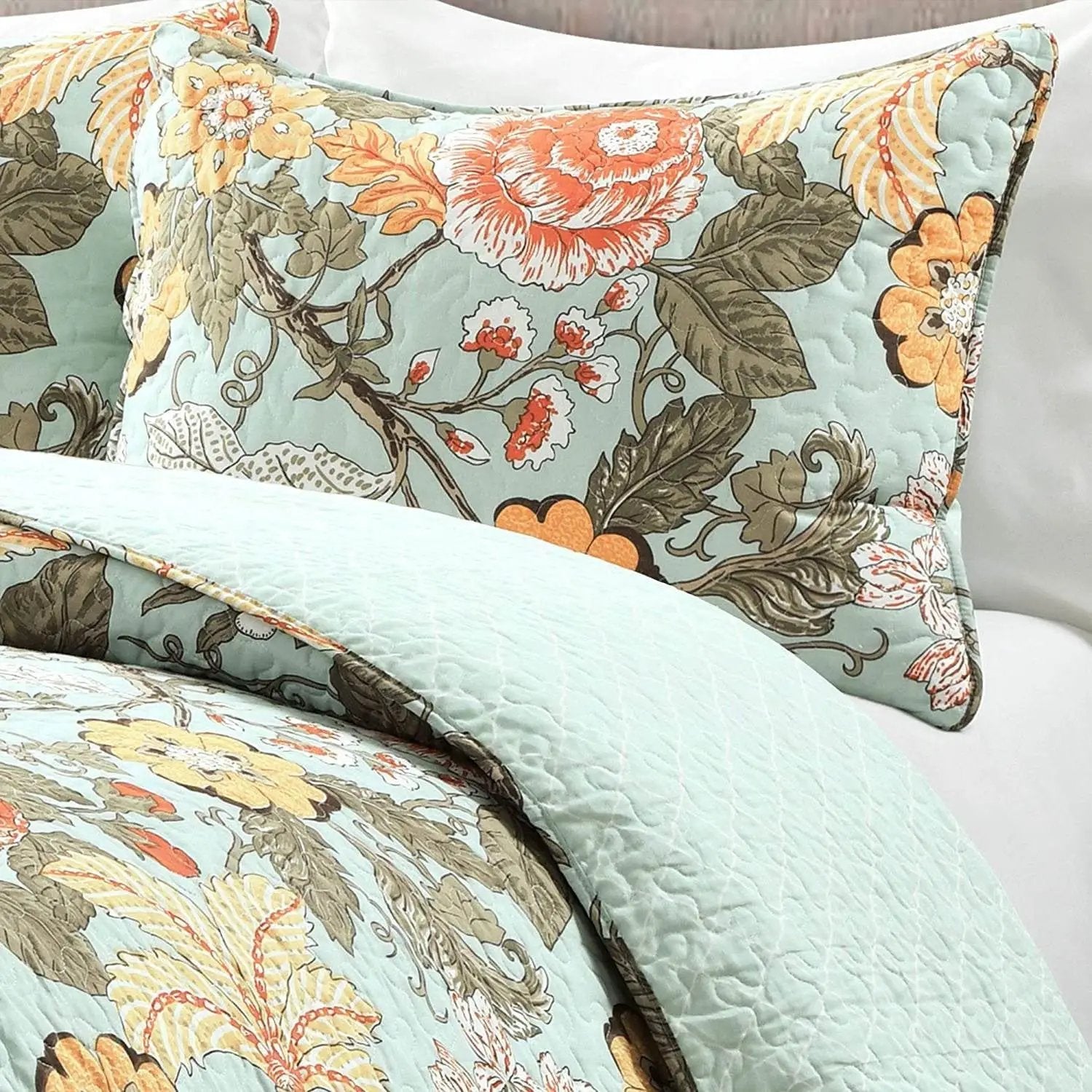 3 Piece FarmHouse Teal Floral Cotton Reversible Quilt Set, King by HomePacific