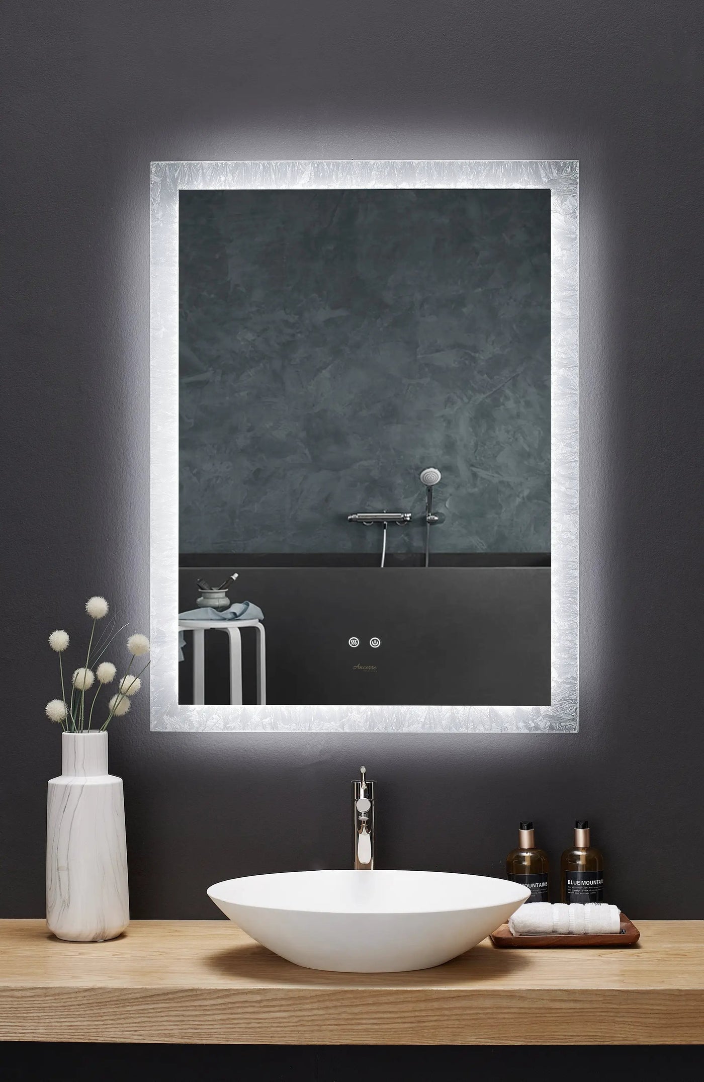 Frysta LED Frameless Rectangular Mirror Lighted Bathroom Vanity with Dimmer and Defogger by Ancerre Designs
