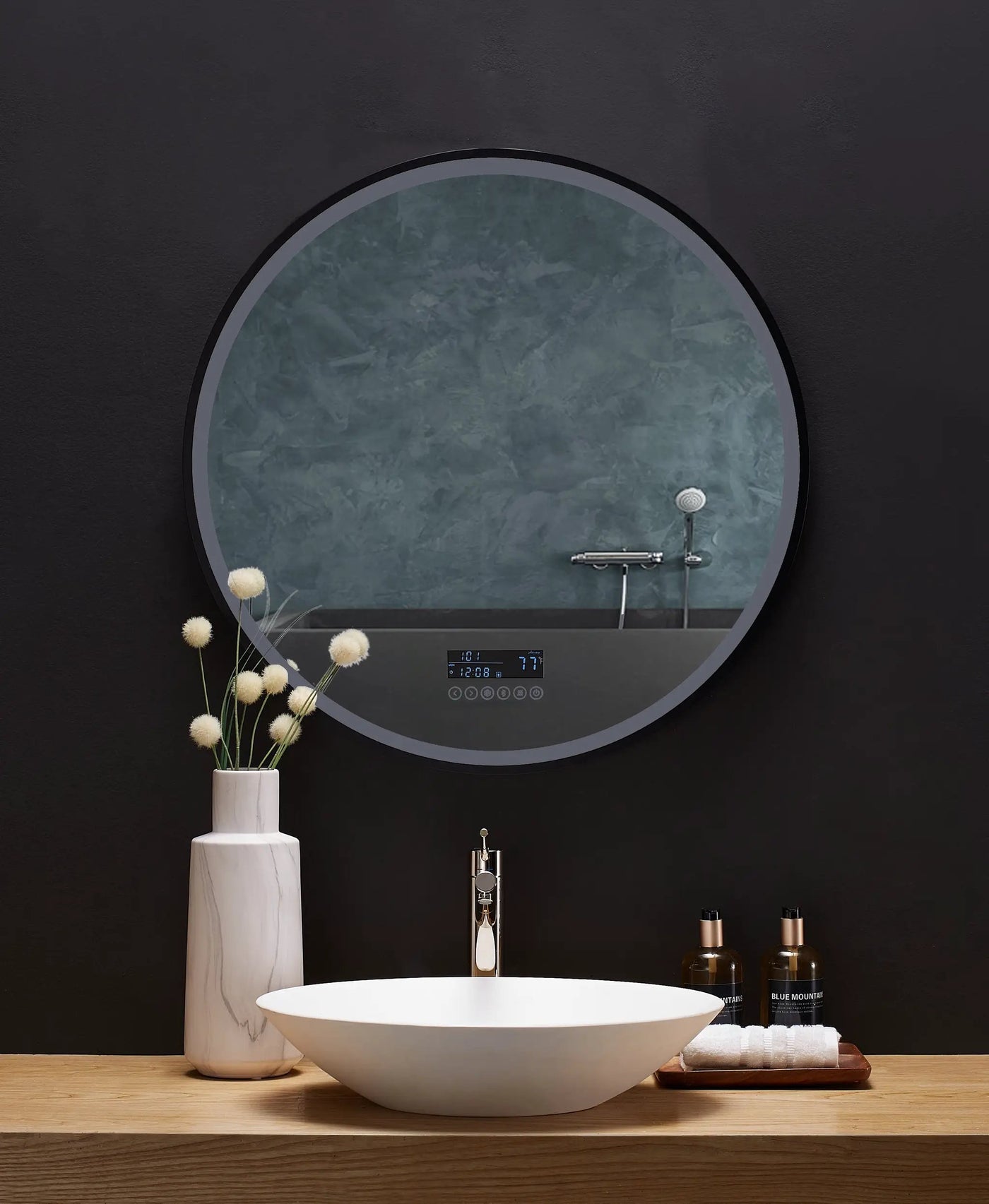 Cirque Round LED Lighted Bathroom Vanity Black Framed Mirror by Ancerre Designs