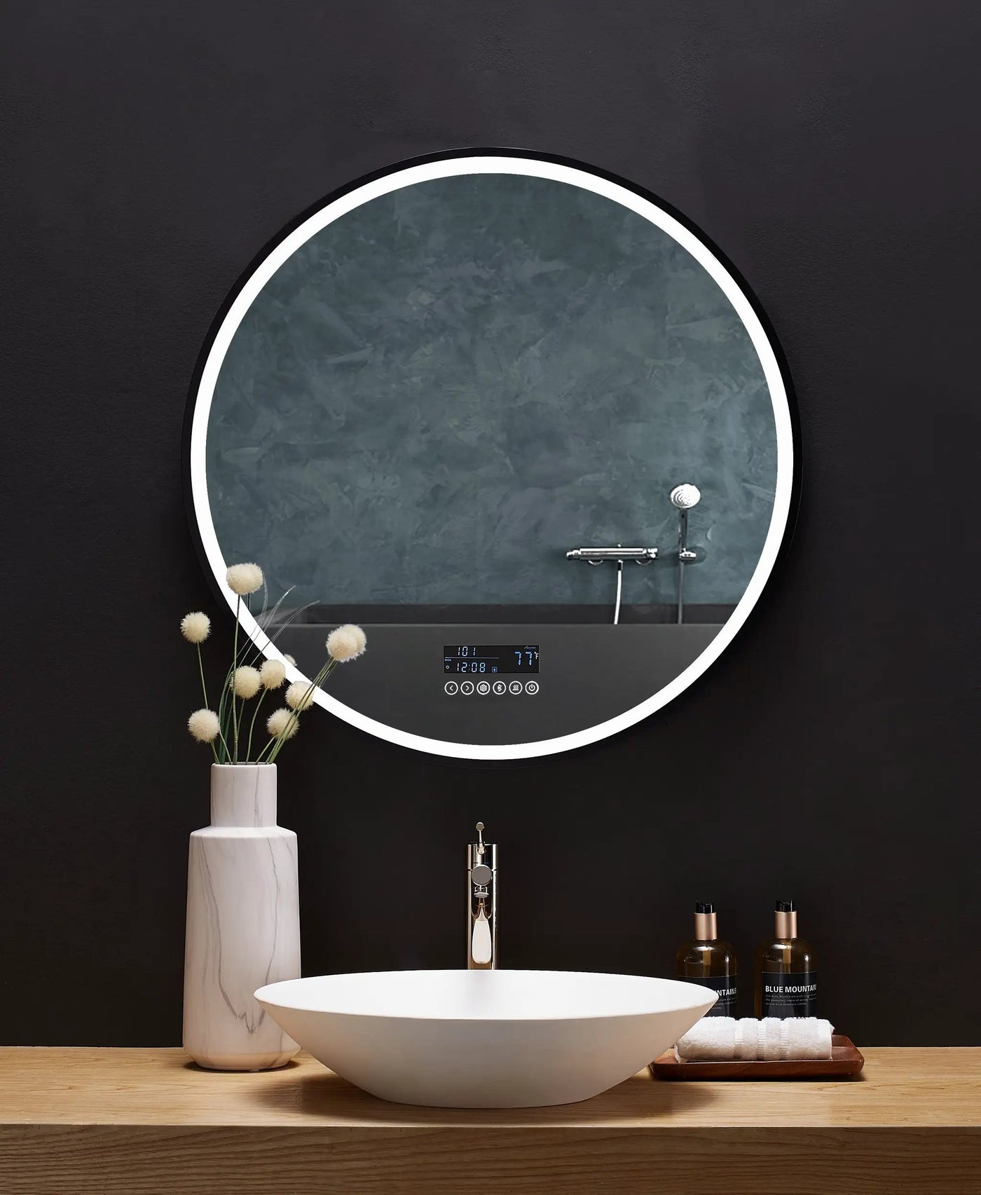 Cirque Round LED Lighted Bathroom Vanity Black Framed Mirror by Ancerre Designs