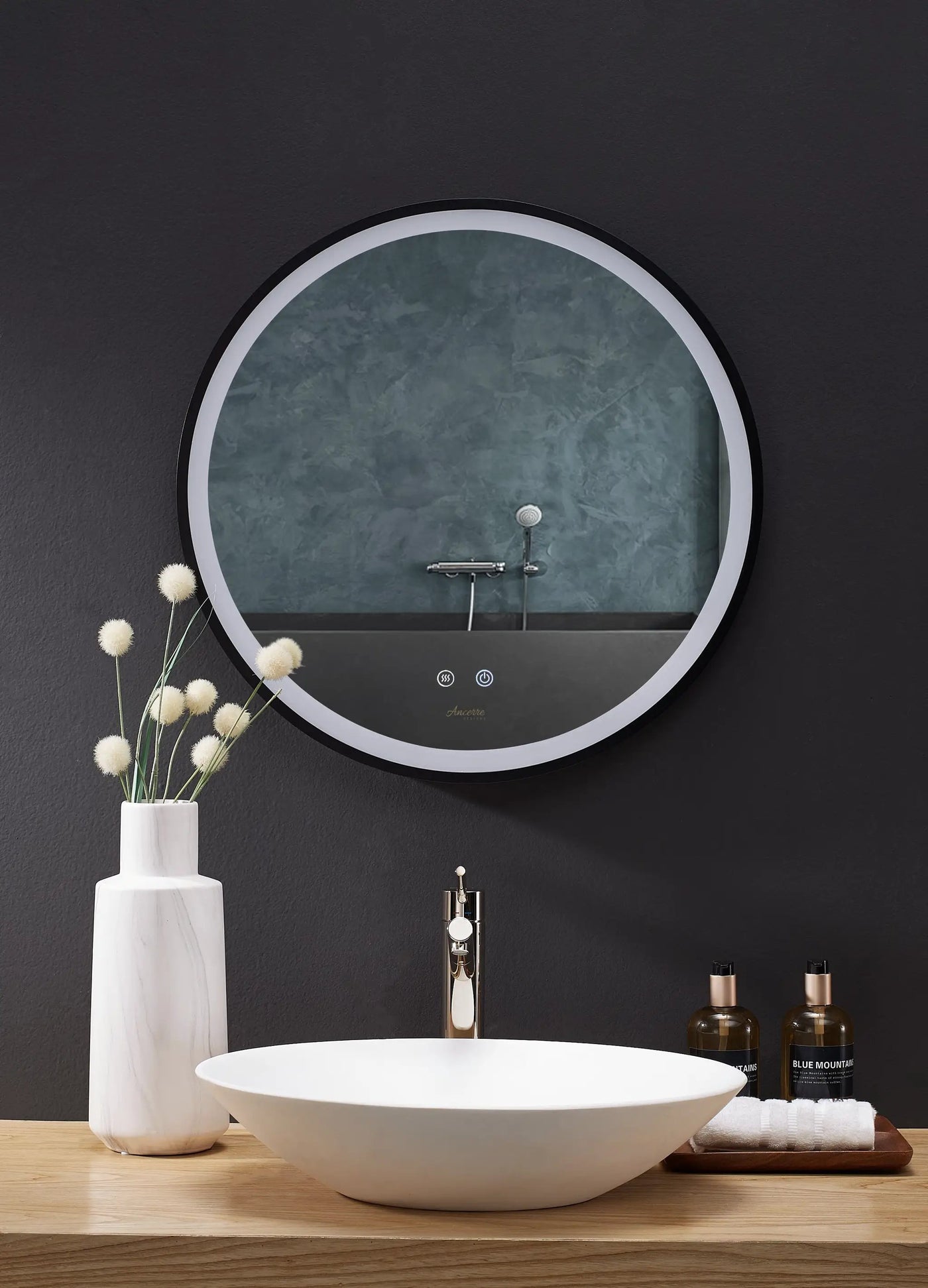 Cirque Round LED Lighted Bathroom Vanity Black Framed Mirror by Ancerre Designs