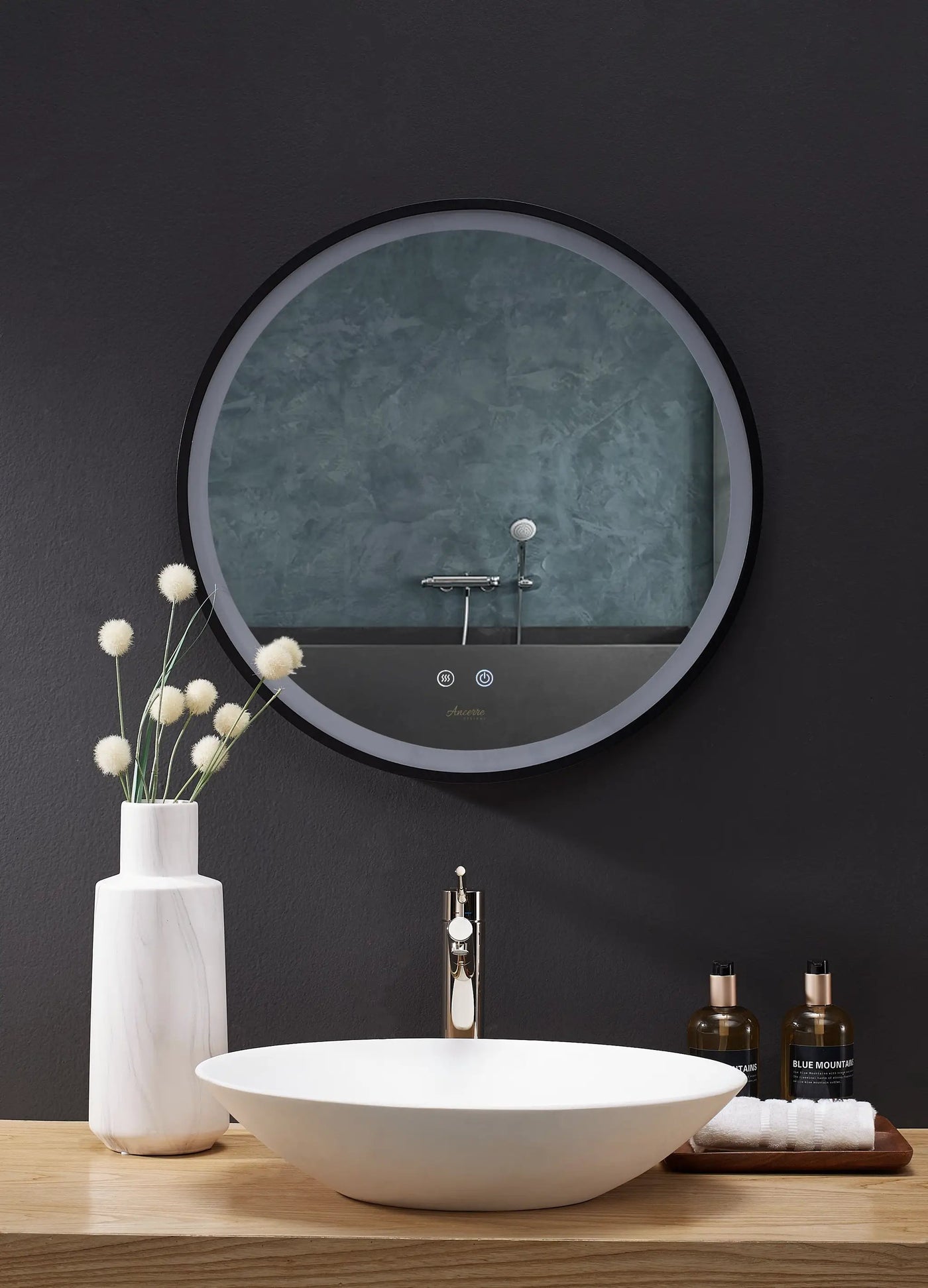 Cirque Round LED Lighted Bathroom Vanity Black Framed Mirror by Ancerre Designs
