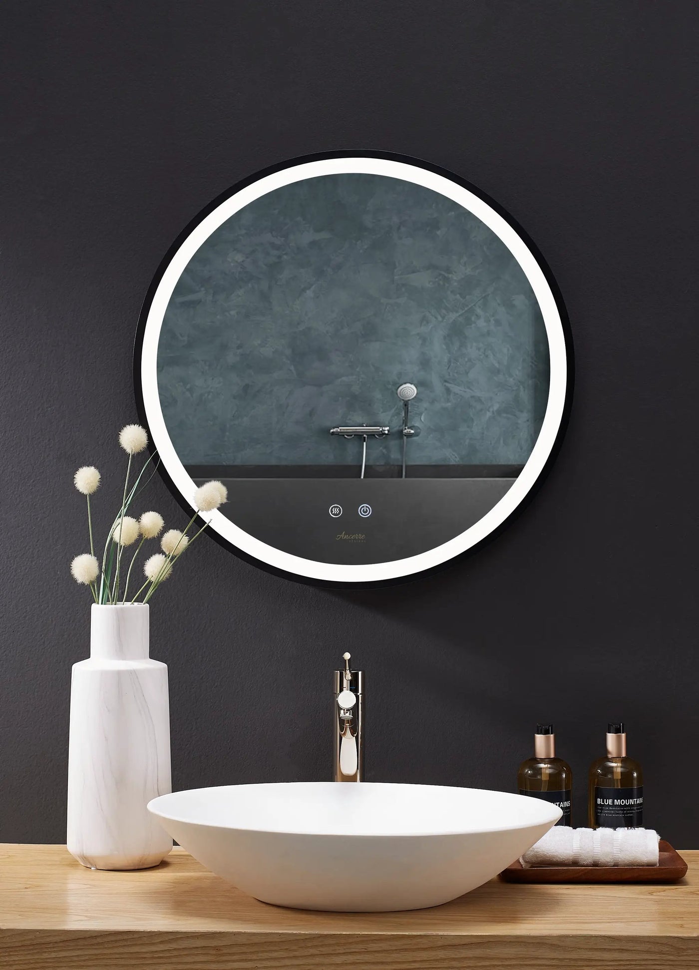 Cirque Round LED Lighted Bathroom Vanity Black Framed Mirror by Ancerre Designs