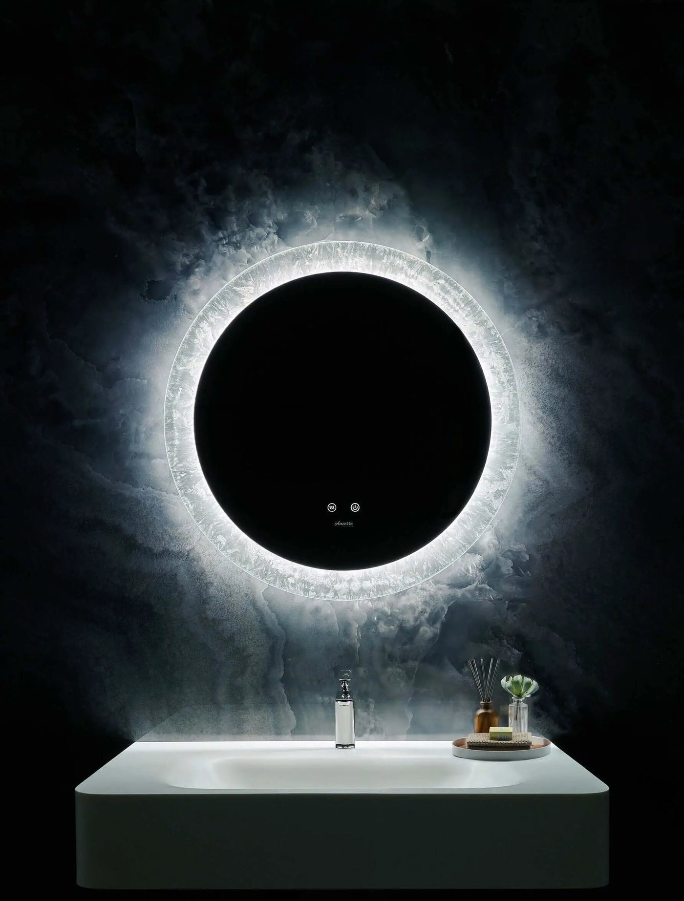 Frysta Round LED Frameless Mirror with Dimmer and Defogger by Ancerre Designs