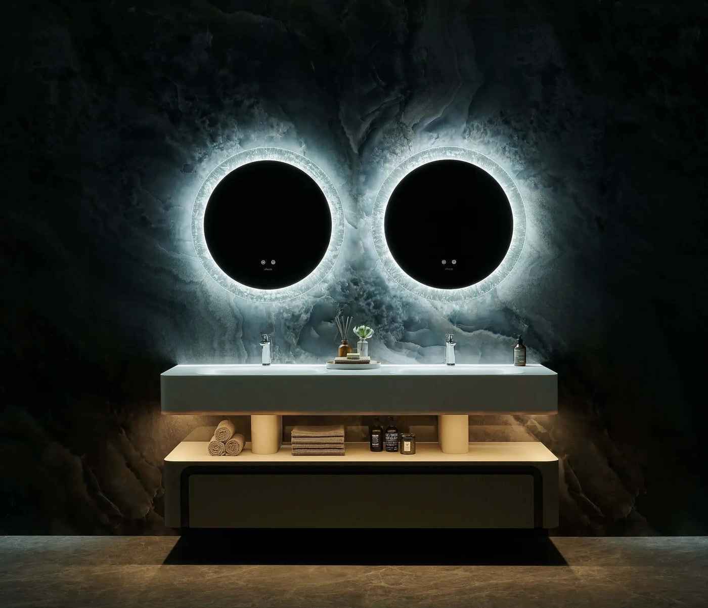 Frysta Round LED Frameless Mirror with Dimmer and Defogger by Ancerre Designs