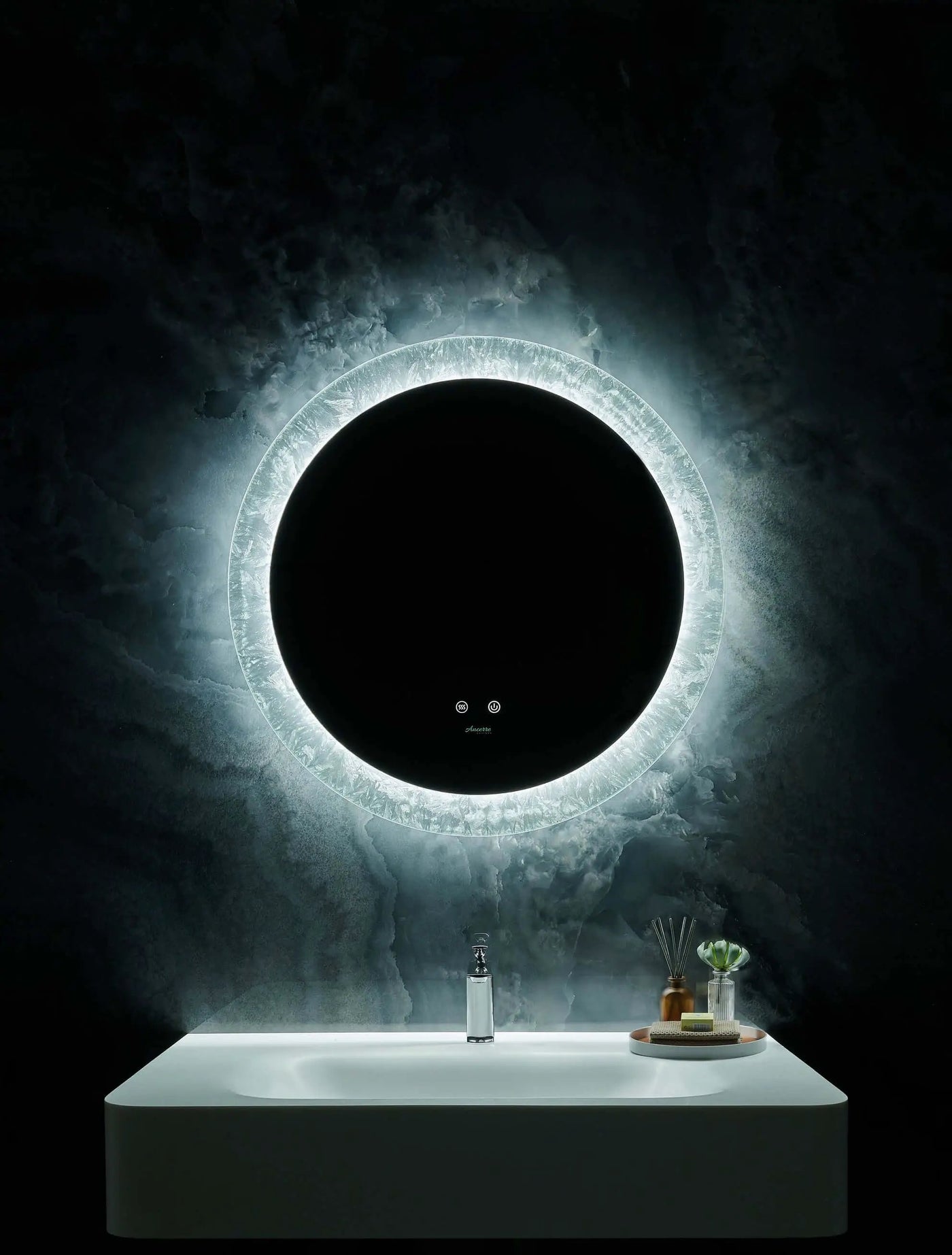 Frysta Round LED Frameless Mirror with Dimmer and Defogger by Ancerre Designs