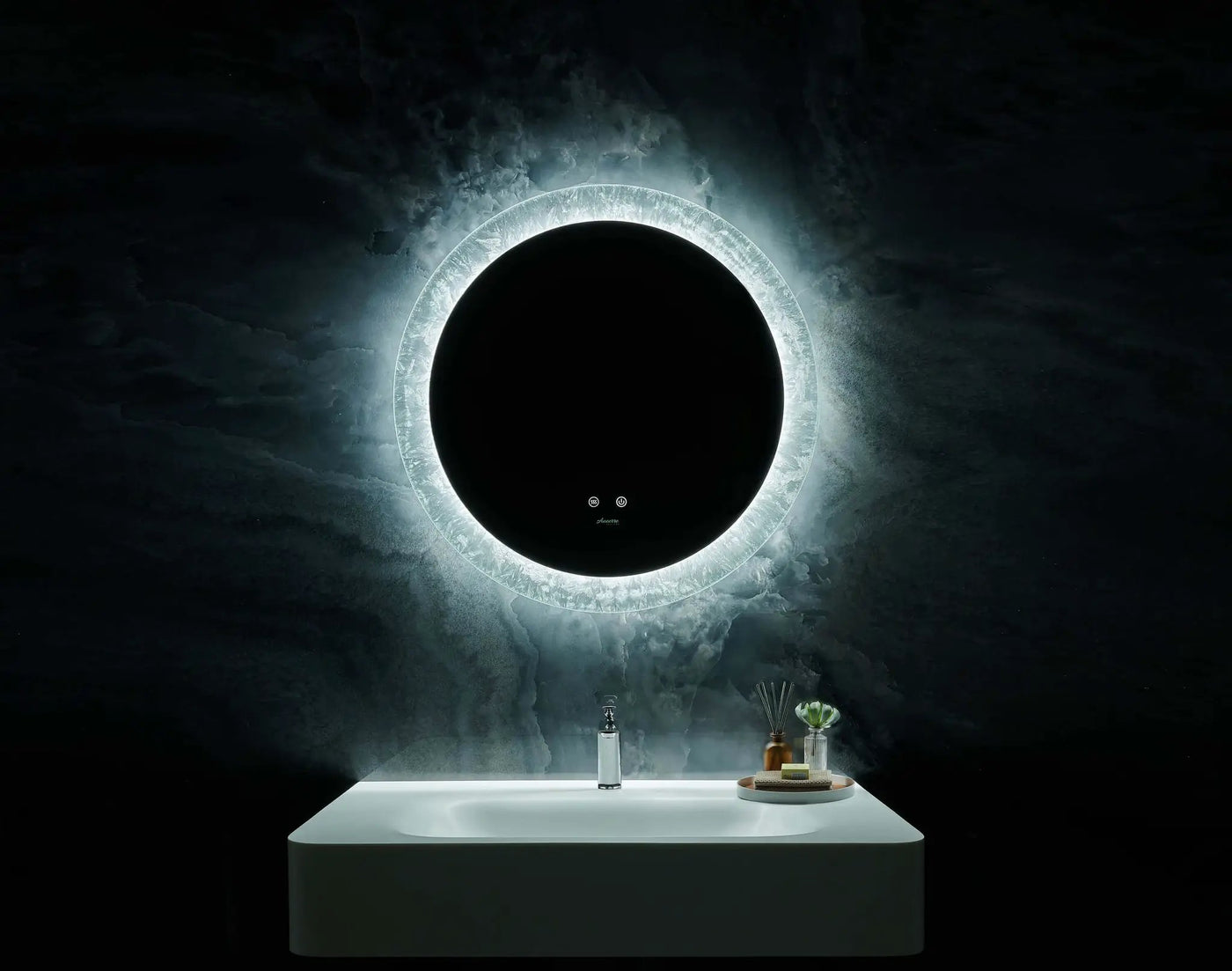 Frysta Round LED Frameless Mirror with Dimmer and Defogger by Ancerre Designs
