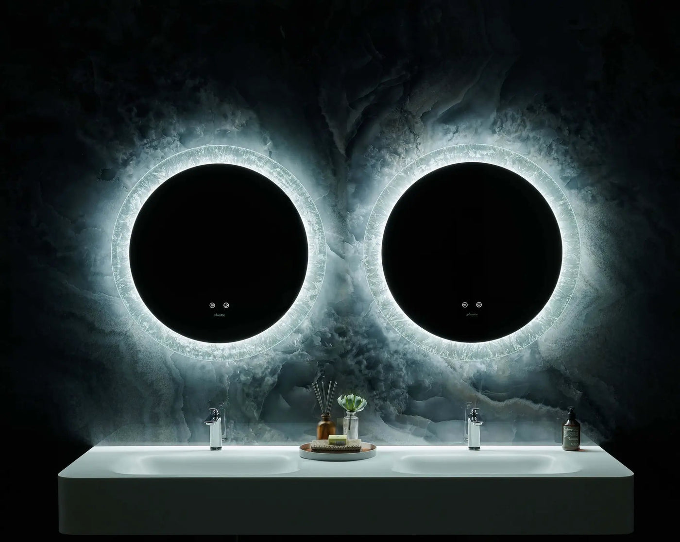 Frysta Round LED Frameless Mirror with Dimmer and Defogger by Ancerre Designs