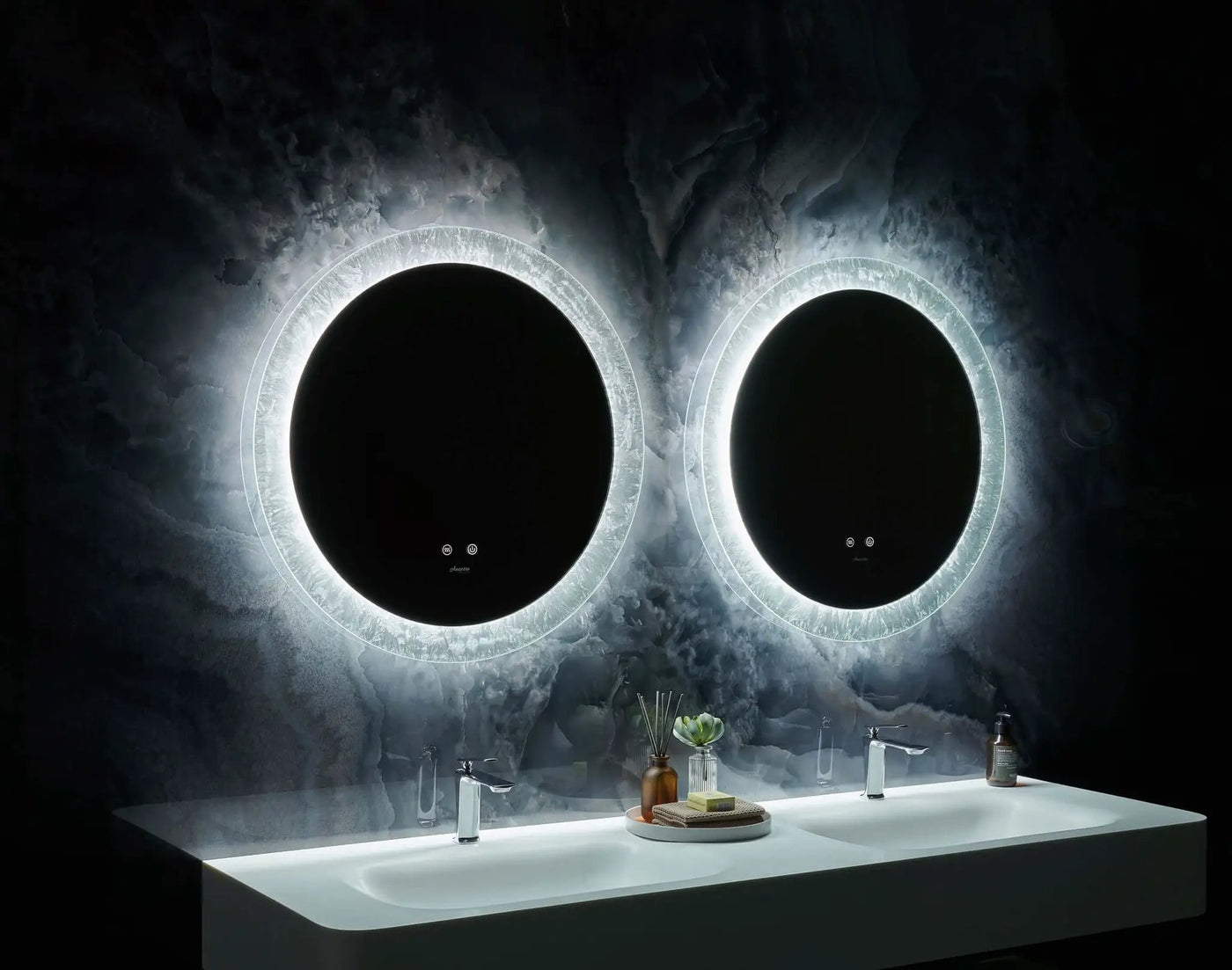 Frysta Round LED Frameless Mirror with Dimmer and Defogger by Ancerre Designs
