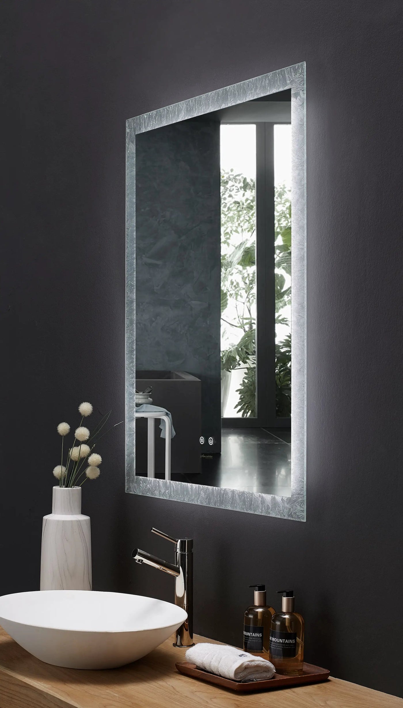 Frysta LED Frameless Rectangular Mirror Lighted Bathroom Vanity with Dimmer and Defogger by Ancerre Designs
