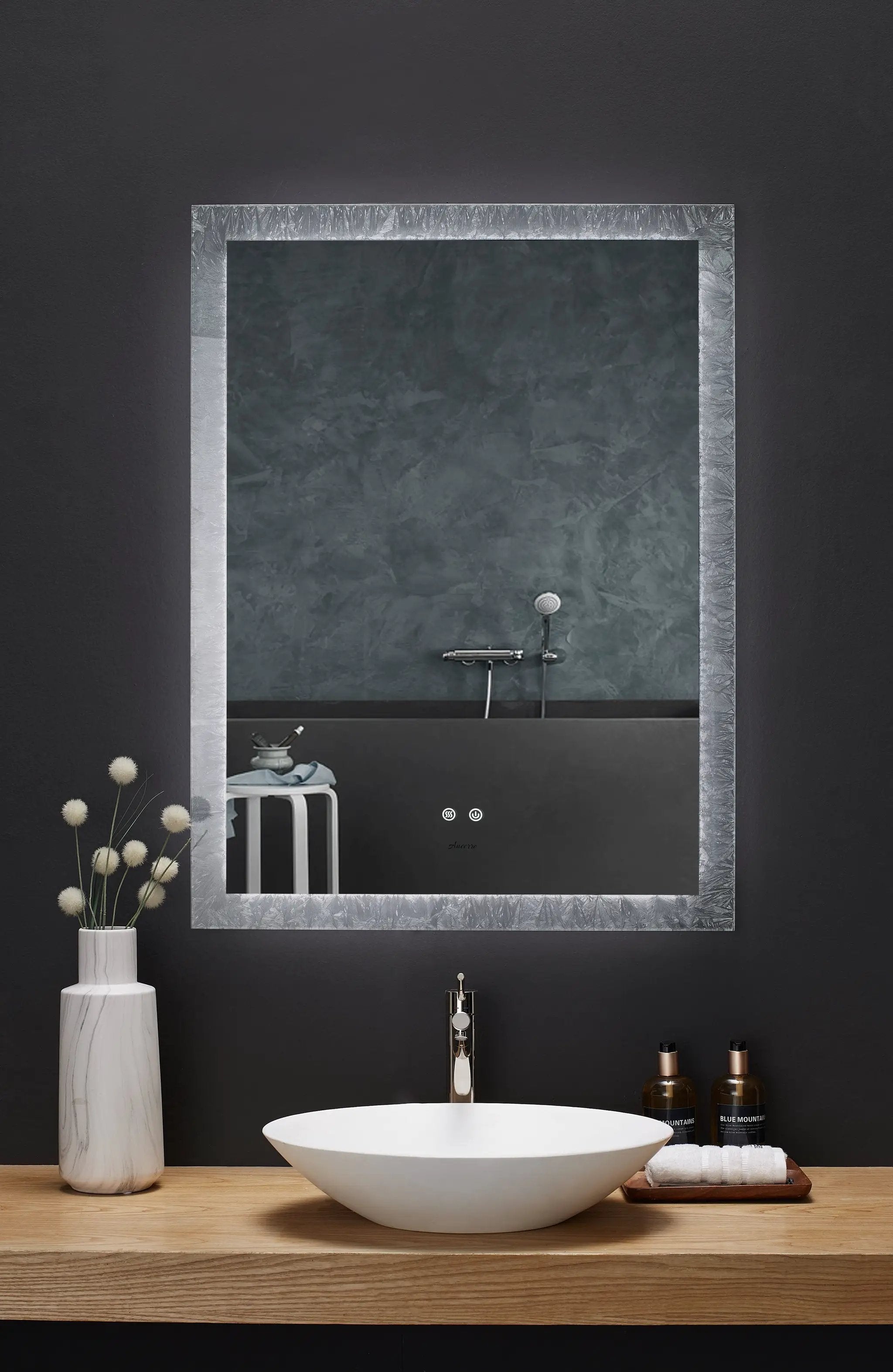 Frysta LED Frameless Rectangular Mirror Lighted Bathroom Vanity with Dimmer and Defogger by Ancerre Designs