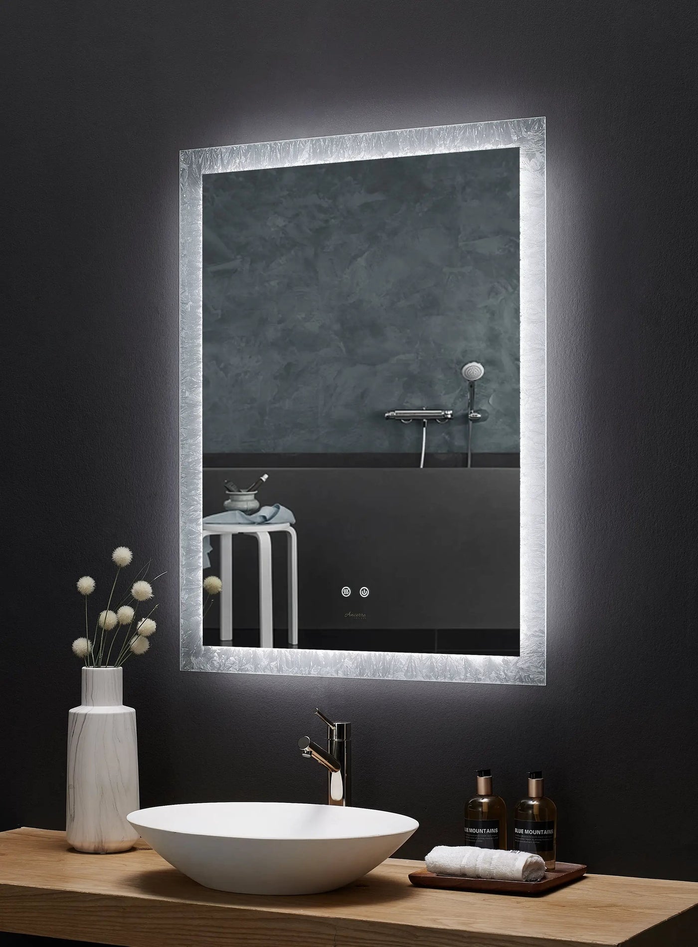 Frysta LED Frameless Rectangular Mirror Lighted Bathroom Vanity with Dimmer and Defogger by Ancerre Designs