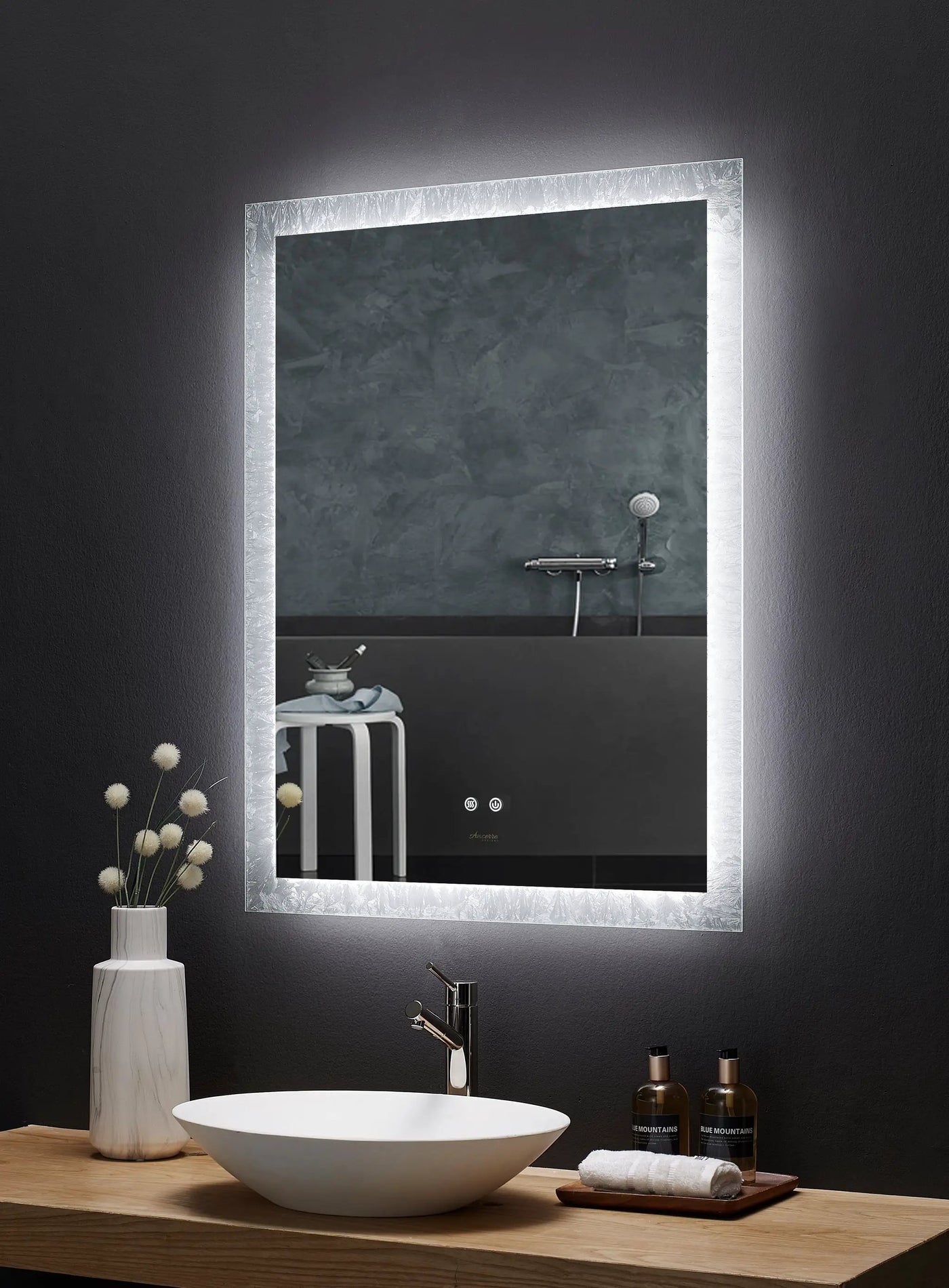Frysta LED Frameless Rectangular Mirror Lighted Bathroom Vanity with Dimmer and Defogger by Ancerre Designs