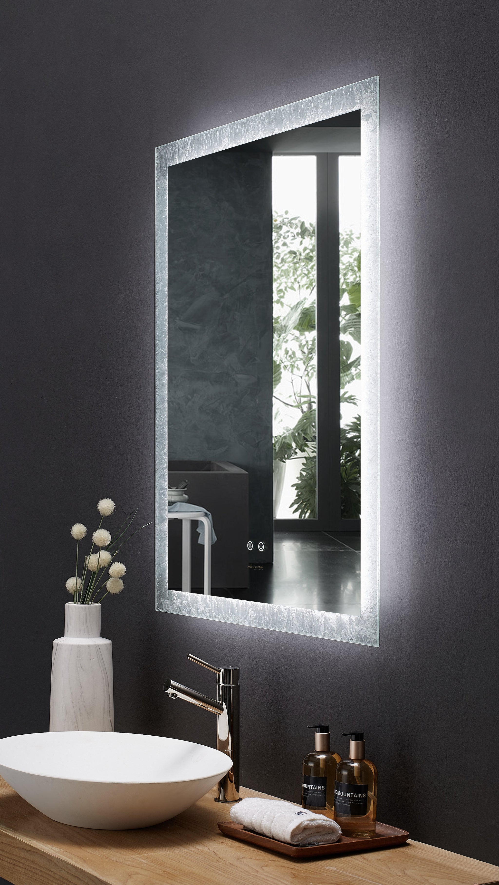 Frysta LED Frameless Rectangular Mirror Lighted Bathroom Vanity with Dimmer and Defogger by Ancerre Designs