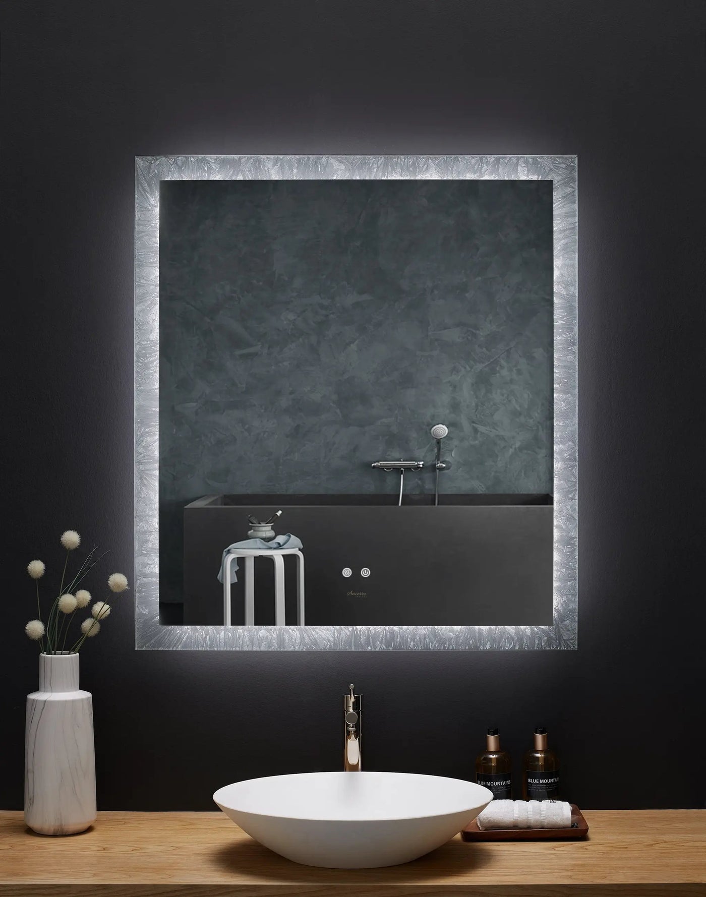 Frysta LED Frameless Rectangular Mirror Lighted Bathroom Vanity with Dimmer and Defogger by Ancerre Designs