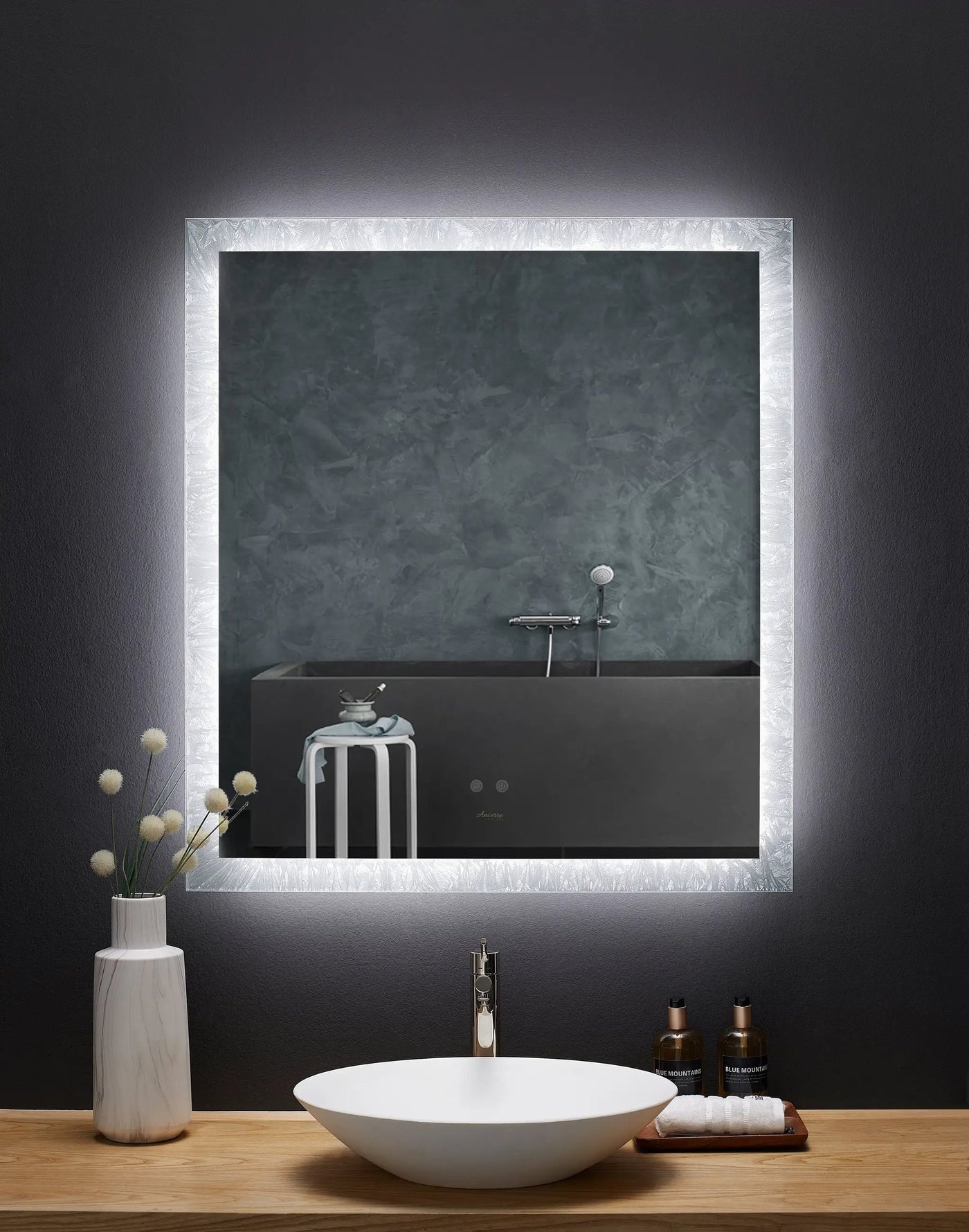 Frysta LED Frameless Rectangular Mirror Lighted Bathroom Vanity with Dimmer and Defogger by Ancerre Designs