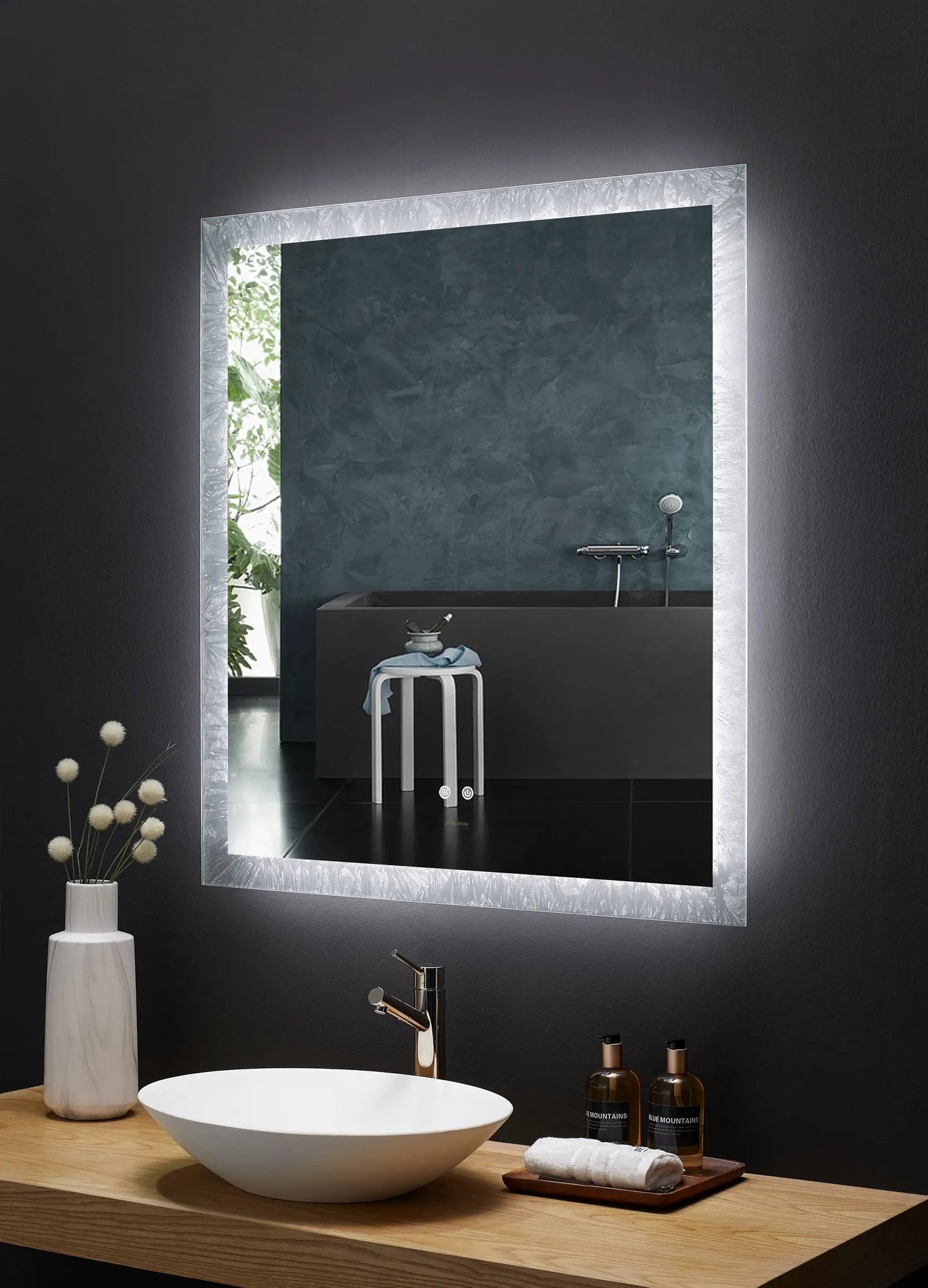 Frysta LED Frameless Rectangular Mirror Lighted Bathroom Vanity with Dimmer and Defogger by Ancerre Designs