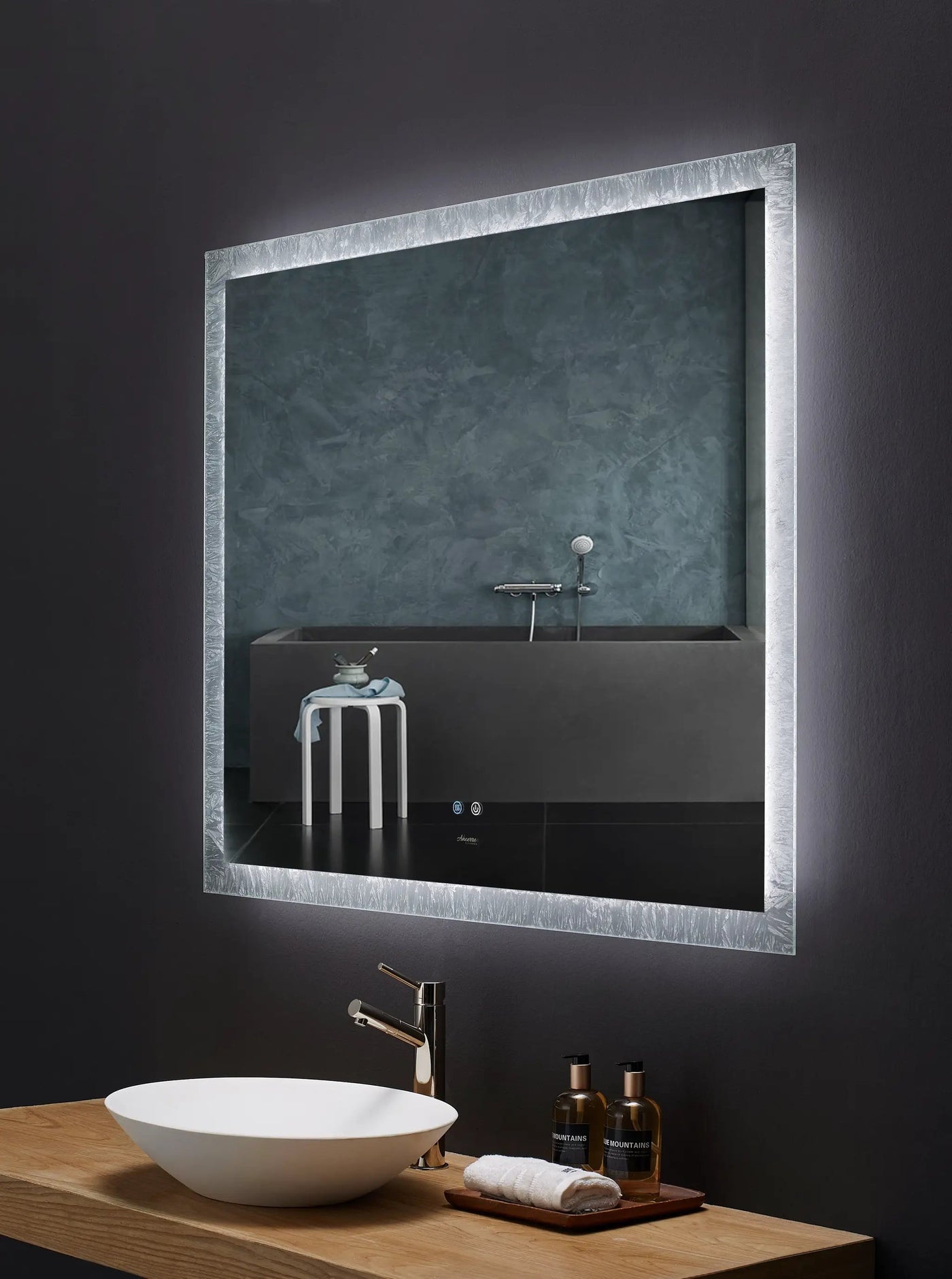 Frysta LED Frameless Rectangular Mirror Lighted Bathroom Vanity with Dimmer and Defogger by Ancerre Designs