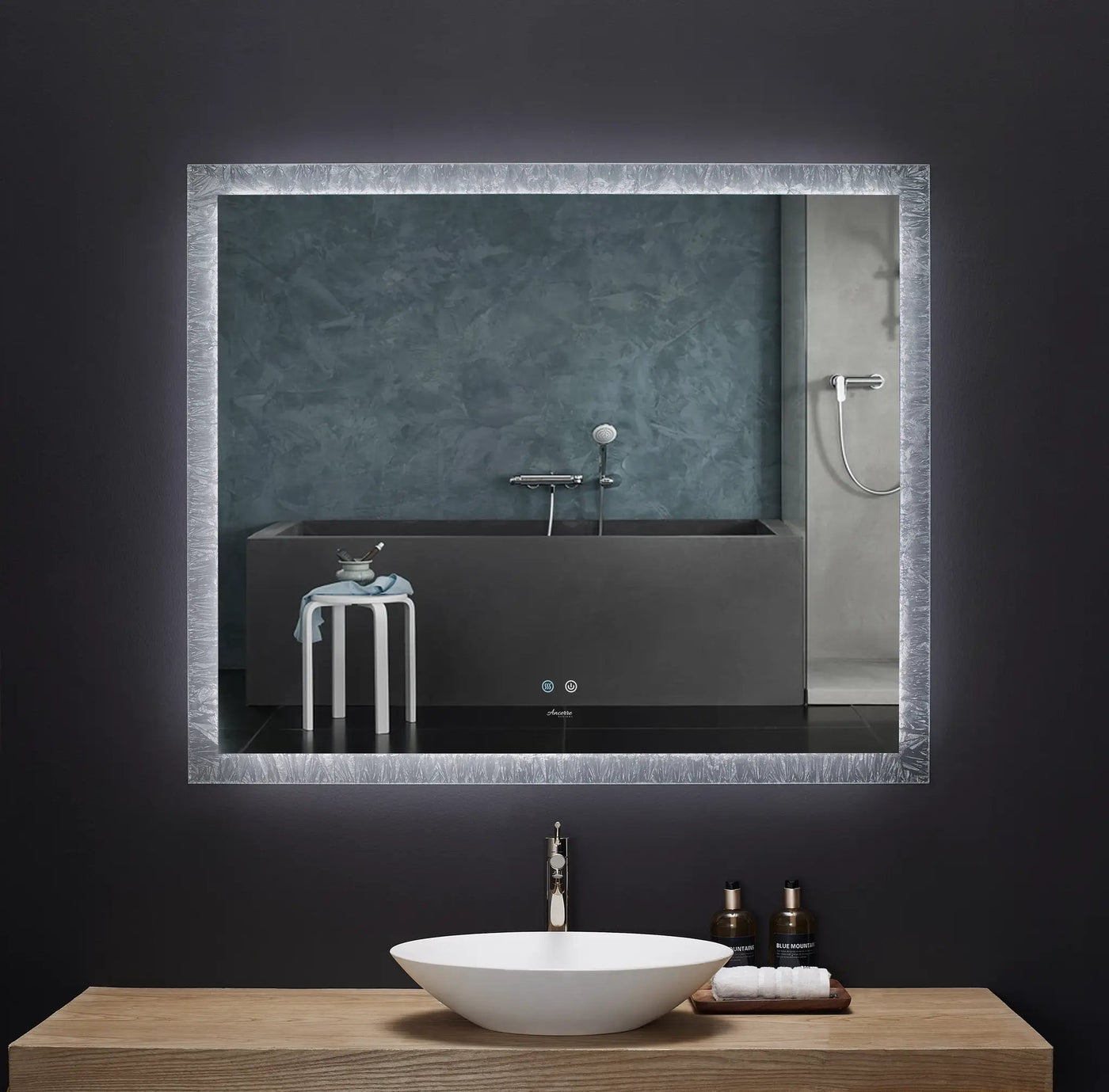 Frysta LED Frameless Rectangular Mirror Lighted Bathroom Vanity with Dimmer and Defogger by Ancerre Designs