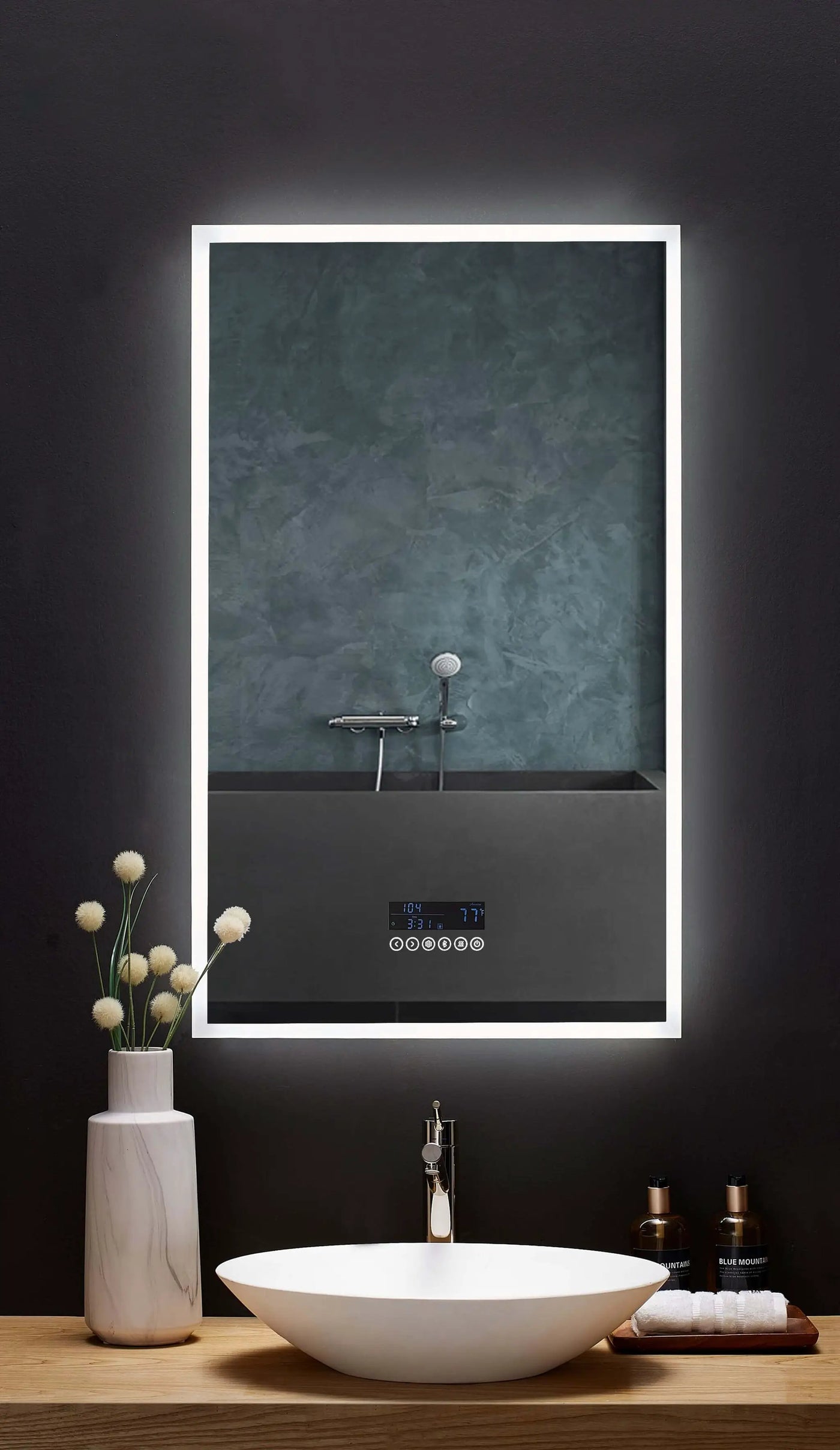 Immersion LED Lighted Bathroom Vanity Mirror with Bluetooth, Defogger, and Digital Display by Ancerre Designs